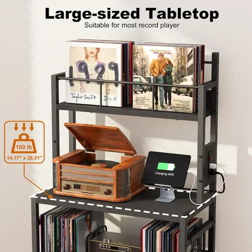 Vista 2 de EasyCom Soporte para tocadiscos con almacenamiento de vinilo, soporte para tocadiscos con capacidad para hasta 300 álbumes, mesa grande