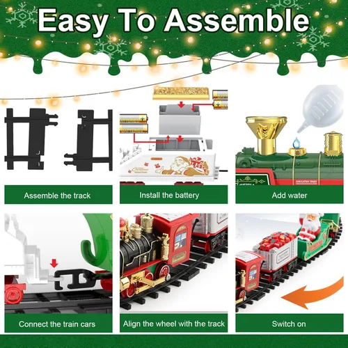Vista 2 de 1 juego de tren de árbol de Navidad con luz y sonido, tren colgante con locomotora de carbón, trineo y pistas realistas