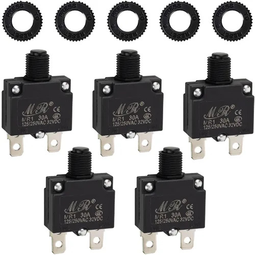 Vista 9 de BlueStars Paquete de 5 disyuntores térmicos de 3 amperios 125/250 V CA 32 V CC, protector de sobrecarga con botón de reinicio manual, terminales