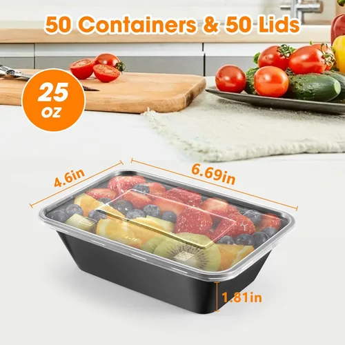 Vista 2 de Paquete de 50 (100 piezas) recipientes de preparación de comidas de 25 onzas, reutilizables, fáciles de abrir con tapa, aptos para alimentos