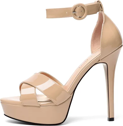 Vista 86 de MODENCOCO Sandalias de boda con correa de tobillo sexy para mujer, con plataforma y puntera abierta, tacón de aguja y tacón alto, zapatos de vestir