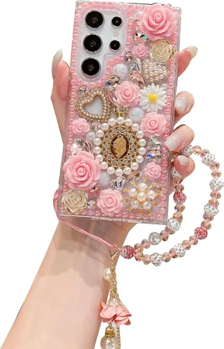 Vista 8 de iFiLOVE Funda para Samsung Galaxy S10 Bling Diamond Case con correa de flores, 3D de lujo con purpurina de cristal de imitación de perlas y rosas