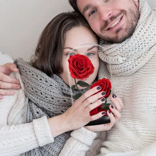 Vista 3 de Regalos para mujeres, rosa roja preservada para siempre, regalo de cumpleaños, día de San Valentín, con flor eterna roja en cúpula de cristal #Rojo