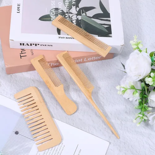 Vista 4 de Juego de 4 peines de madera para el cabello, peine de dientes anchos de madera, hecho a mano, de bambú, antiestático, para cabello rizado, grueso