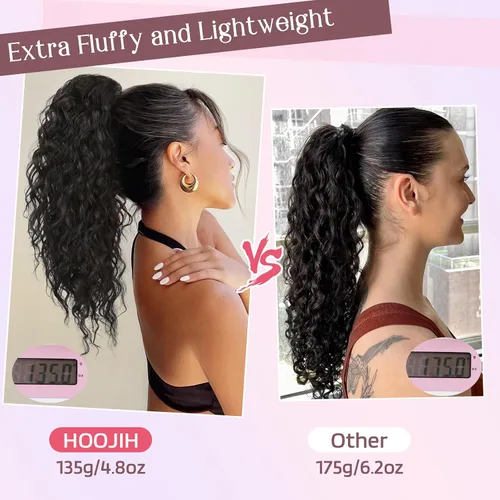 Vista 6 de HOOJIH Extensión de cola de caballo, extensiones de cabello rizado ondulado con cordón, extensiones de cola de caballo falsas extra esponjosas Rubio