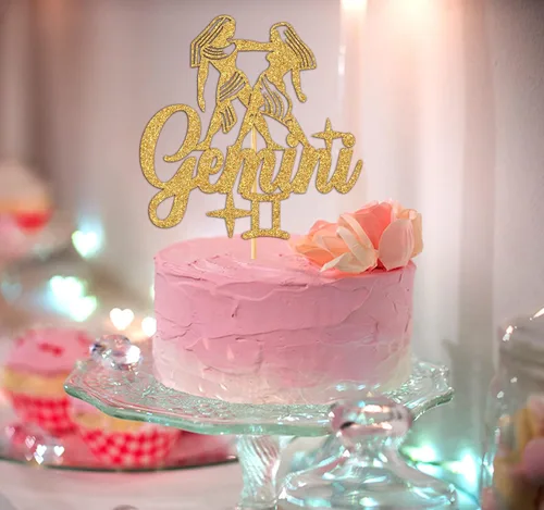 Vista 4 de Decoración de pastel de cumpleaños con purpurina dorada Géminis, decoración de pastel energético de Géminis grande, 12 constelaciones, temática