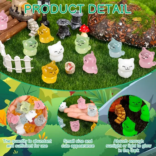 Vista 4 de 100 mini figuras de gato: adornos de resina que brillan en la oscuridad para decoración de pasteles, manualidades y decoración de paisaje de musgo