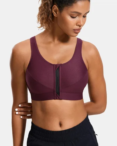 Vista 3 de SYROKAN Sujetador deportivo con cremallera frontal de alto impacto para mujer, sin varillas, espalda cruzada, alto soporte, cremallera en la parte