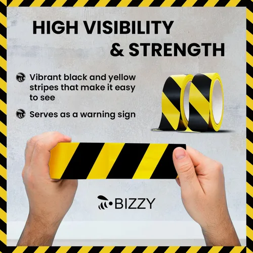 Vista 5 de Bizzy Cinta de seguridad negra y amarilla de 2 pulgadas x 108 pies industrial Cinta de precaución amarilla y negra para piso, cinta de cuidado