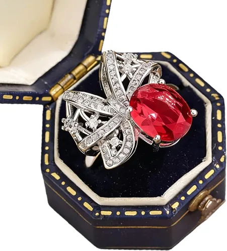 Vista 4 de Anillo de plata de ley 925 con diamantes completos y brillantes de oro de 18 quilates, anillos de cóctel de rubí de talla ovalada de 3 quilates