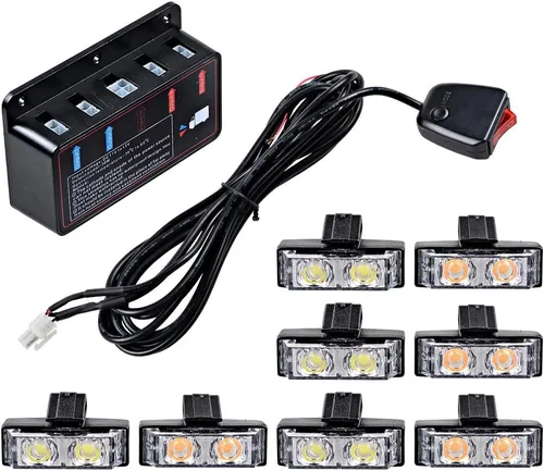 Vista 6 de 4 barras de luz estroboscópica ámbar + 4 luces estroboscópicas ámbar de advertencia de emergencia, 10 modos intermitentes para automóvil, SUV