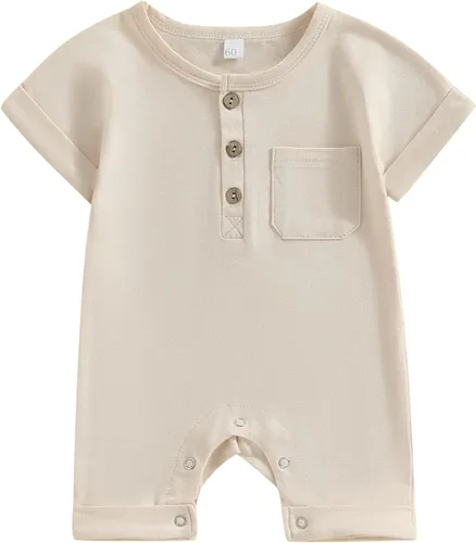 Vista 60 de Mameluco unisex de manga corta para bebé recién nacido, con botones, de una pieza, ropa de color sólido