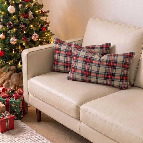 Vista 2 de Juego de 2 fundas de almohada lumbar de Navidad para exteriores de tartán Tartán lumbar marrón