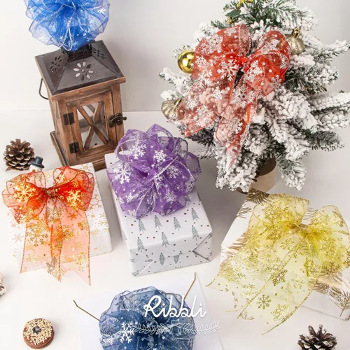 Vista 5 de Ribbli Cinta con alambre de purpurina de copo de nieve, organza dorada transparente con patrón de copo de nieve con purpurina dorada y borde