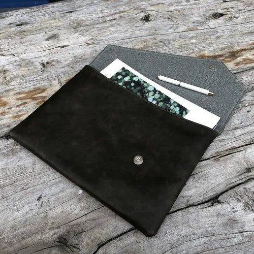 Vista 4 de Vintage pu cuero 13.5 "negocios embrague sobre bolsa documentos certificado portátil manga caso oficina carpeta de archivo, Verde militar