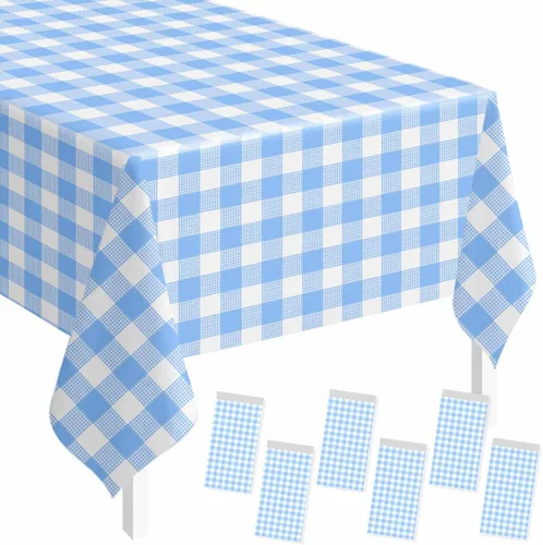 Vista 34 de SietDESEO - Paquete de 2 manteles a cuadros azul y blanco, 54 x 108 pulgadas, mantel premium desechable de plástico para picnic, diseño gingham