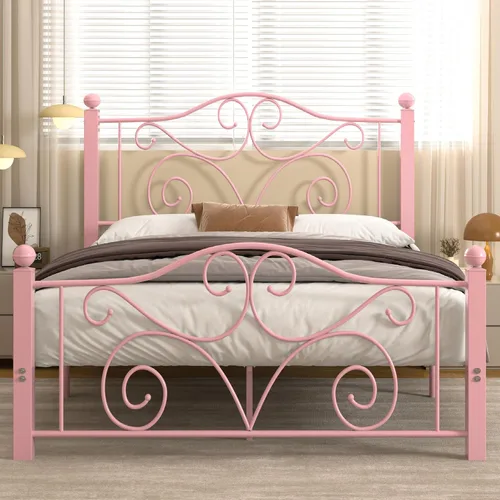 Vista 13 de VECELO Base de cama con dosel de metal, tamaño individual, base de colchón con plataforma de 4 pósteres con cabecero, soporte de listones de acero