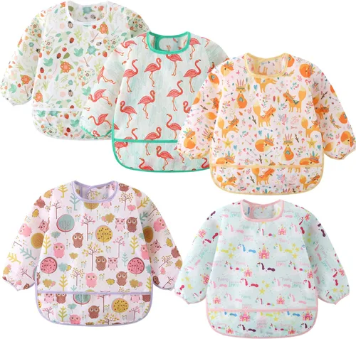 Vista 8 de Paquete de 5 baberos de manga larga, baberos impermeables para bebés de 6 a 30 meses, reutilizables, con bolsillo para todo