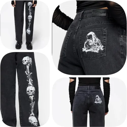 Vista 6 de HOXIJIA Pantalones de mezclilla de pierna ancha de cintura alta para mujer, con estampado Y2K, holgados, dobladillo acampanado, pantalones elásticos