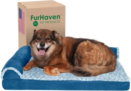 Vista 19 de Furhaven - Cama para perro de espuma viscoelástica, estilo diván en forma de L, de felpa y estampado de almendras, almendras azules, talla jumbo