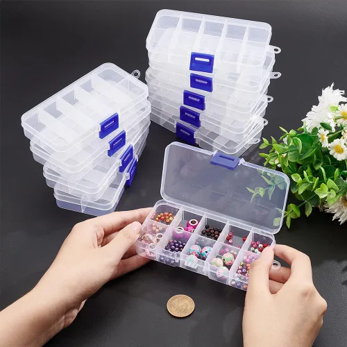 Vista 3 de NBEADS Paquete de 10 mini cajas organizadoras de plástico de 8 rejillas, 2.7 x 4.2 x 0.8 pulgadas, divisores de joyería de plástico transparente