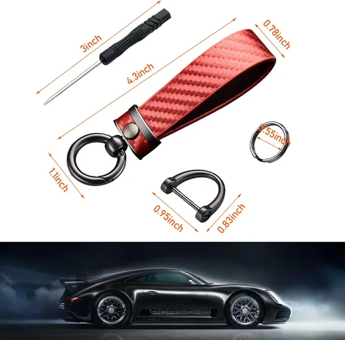 Vista 2 de Ziciner Llavero de coche de fibra de carbono, llavero universal de cuero de alta calidad, giratorio de 360 grados con anillo en D antipérdida