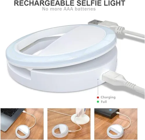 Vista 3 de Anillo de luz para selfie para iPhone, Android, tableta, recargable, 3 niveles de luz