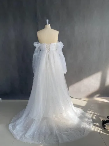 Vista 9 de SUOLUOS Vestidos de maternidad de tul perlado para sesión de fotos, hombros descubiertos, lencería nupcial, vestidos de embarazo para baby shower