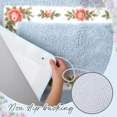 Vista 6 de Drydiet Juego de 3 alfombras de baño con rosas y flores, decoración de habitación, alfombra de baño floral en forma de U, antideslizante, Azul