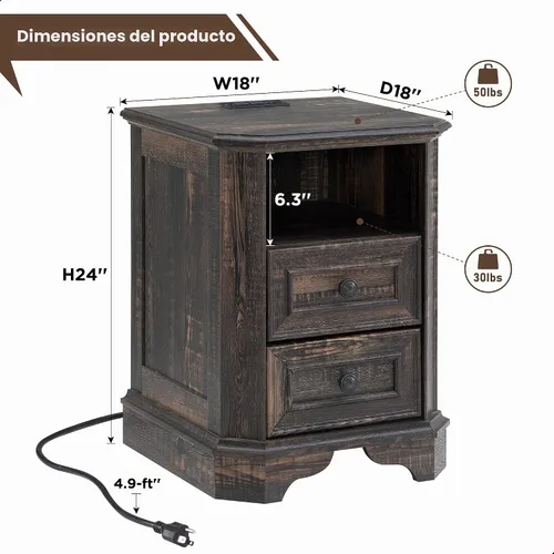Vista 2 de T4TREAM - Mesa de noche rústica con estación de carga, mesa auxiliar de madera de 18 pulgadas con 2 cajones, para dormitorio y sala de estar