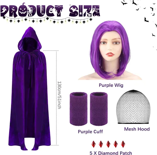 Vista 2 de Hercicy 5 piezas de disfraz de Halloween para cosplay, incluye capa morada de longitud completa con capucha para mujer, peluca corta morada