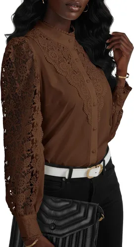 Vista 4 de Rooscier Blusa Elegante de Encaje de Crochet con Cuello Alto Simulado de Manga Larga con Botones para Mujer Top