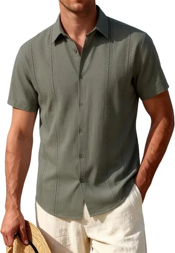 Vista 7 de JEMITOP Camisa de guayabera cubana para hombre, casual, con botones, manga corta, para verano, crucero, playa, vacaciones