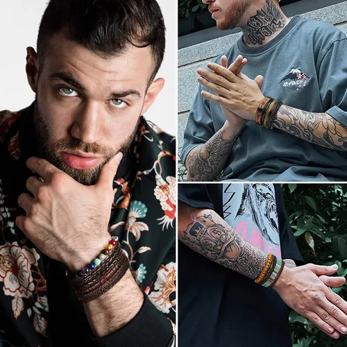 Vista 5 de FIBO STEEL 31 pulseras de cuero trenzado para hombres y mujeres cuentas de madera pulseras tribales de cáñamo geniales pulseras punk pulseras