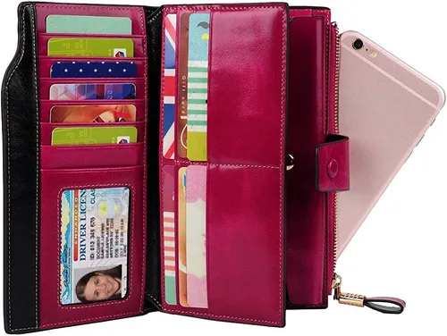Vista 23 de Cartera plegable de cuero de gran capacidad con bloqueo RFID para mujer