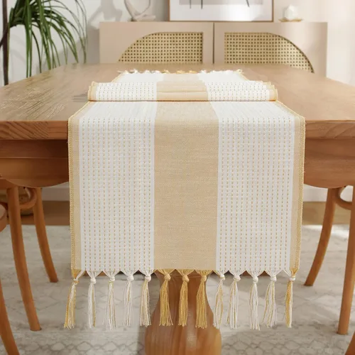 Vista 4 de Hsvanyr Camino de mesa trenzado a rayas rectangular con exquisita borla para cocina, comedor, picnic, mesa de café, 13 x 63 pulgadas, a prueba