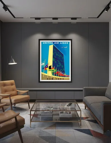 Vista 7 de United Nations Building New York - United Air Lines - Vintage Airline Travel Poster by Joseph Binder c.1957 - Master Art Print (Unframed) 6in x 9in