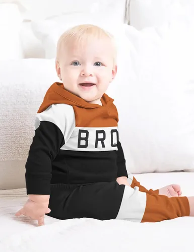 Vista 4 de Ropa de bebé niño de manga larga, sudadera con capucha con estampado de letras + pantalones de retazos, 2 piezas, trajes de otoño e invierno