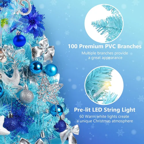 Vista 3 de Árbol de Navidad Mini de 2 pies, árboles de Navidad pequeños de mesa con 60 luces LED, 100 ramas realistas y 66 adornos, árbol de Navidad