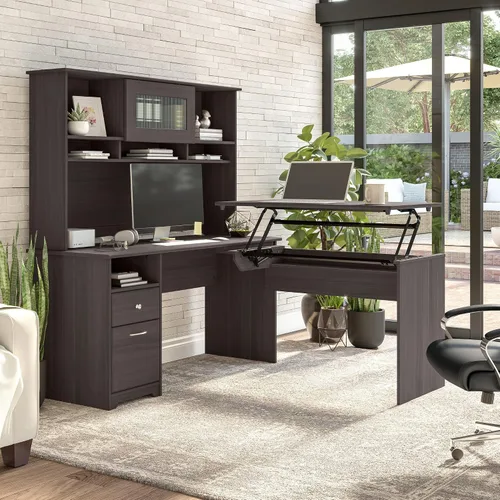 Vista 4 de BUSH FURNITURE Mueble de madera de roble, color café de 60 pulgadas, Madera, Heather Gray