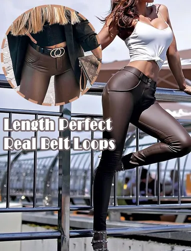 Vista 3 de KIWI RATA - Leggings de piel sintética de poliuretano, cintura alta, para mujer, con levantamiento de glúteos, color negro, sexy, para deportes