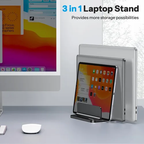 Vista 7 de Omoton Soporte vertical para laptop de 3 ranuras, soporte de escritorio de aluminio para MacBook con base ajustable, se adapta a todas las MacBook