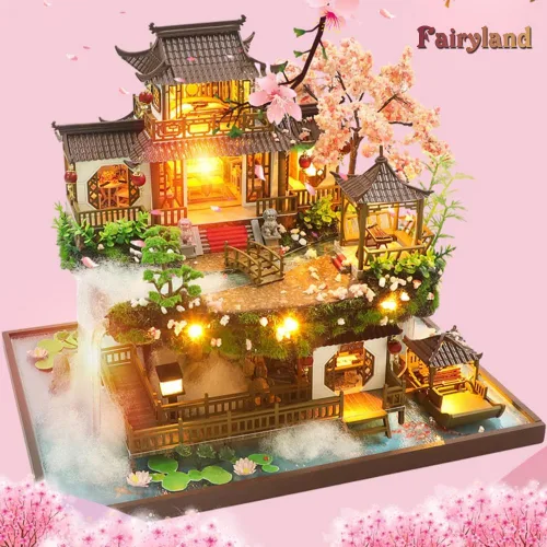Vista 7 de Yuzhen Casa de muñecas en miniatura con muebles y luces LED, casa de muñecas grande de madera de estilo antiguo incluye cubierta de polvo