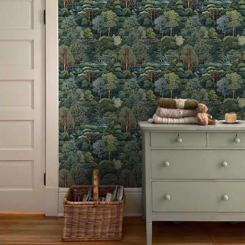 Vista 2 de MuralPeel Papel Tapiz Adhesivo y Removible de Bosque Verde Árboles de Verano Río Paisaje Vintage Fácil de Despegar Papel de Contacto Autoadhesivo