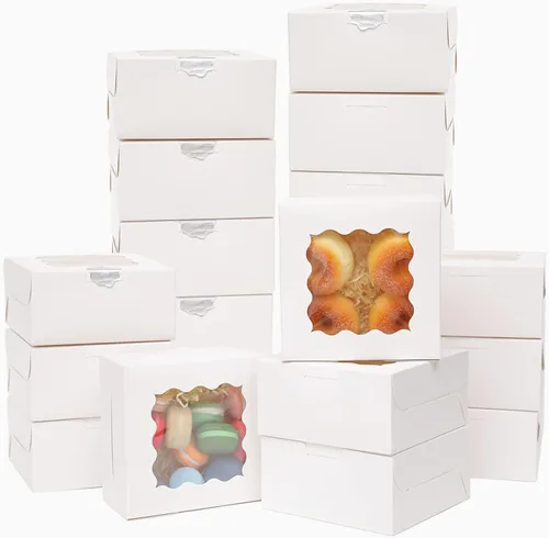 Vista 15 de Bakepacker 60 cajas de papel kraft para panadería con ventana de 6 x 6 x 3 pulgadas de grosor y resistentes cajas de pastelería de macarrones