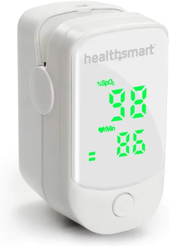Vista 11 de Oxímetro de pulso HealthSmart para la yema del dedo que muestra el contenido de saturación de oxígeno en sangre, frecuencia de pulso y barra