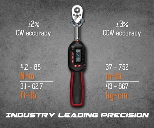 Vista 2 de Tapha Tools, llave dinamométrica digital de 3/8 pulgadas, rango de torque de 3.1-62.7 pies-libras (4.2-85 N-m), precisa a ±2%, doble dirección
