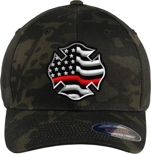 Vista 2 de Línea roja fina bordada personalizada y bandera del bombero. 6477 y 6277 Flexfit Wooly Peinada Sarga Cap