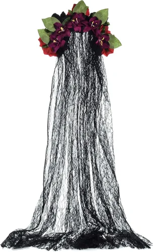 Vista 3 de Tocado del Día de los Muertos, corona floral de rosa, velo de encaje, accesorio para disfraz de Halloween