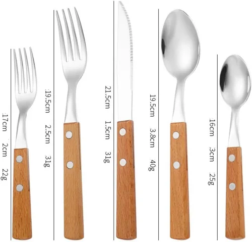 Vista 2 de Juego de 20 cubiertos de acero inoxidable con mango de madera maciza para 4 personas, cuchillo para carne, cuchara de postre (oscuro)